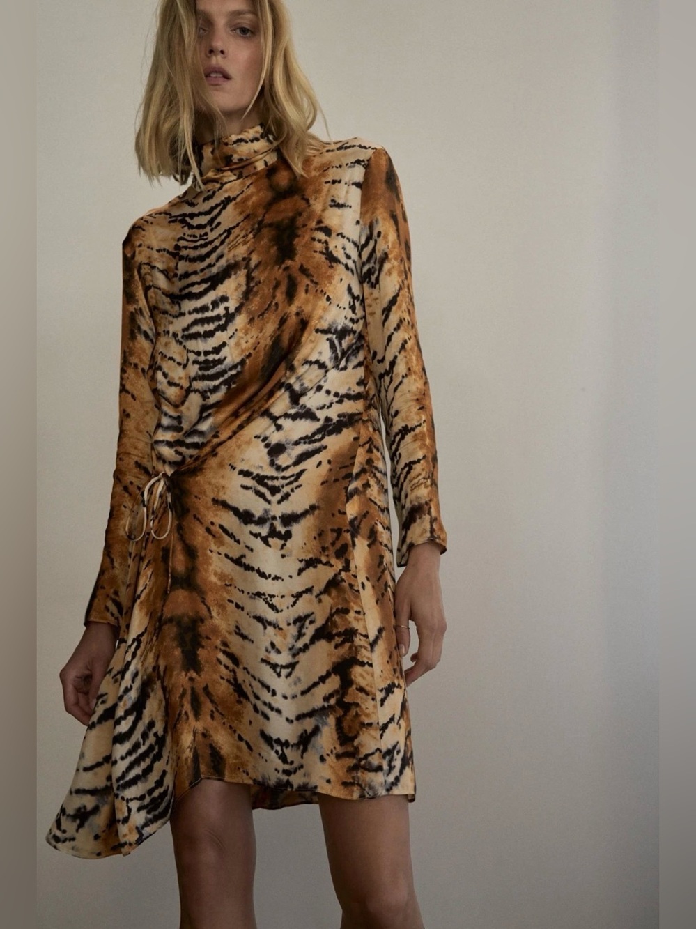 Zara Tiger Print Mini Dress Scarf Neck Long Sleeve Side Tie Viscose XL NWT